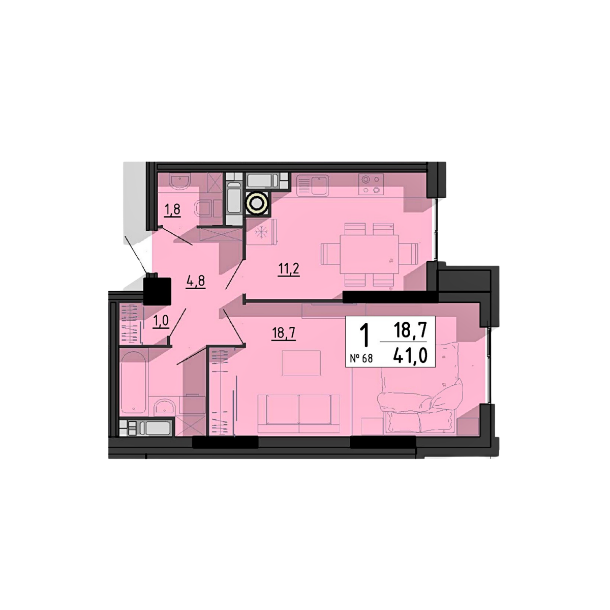1-кімнатна, 41 м²