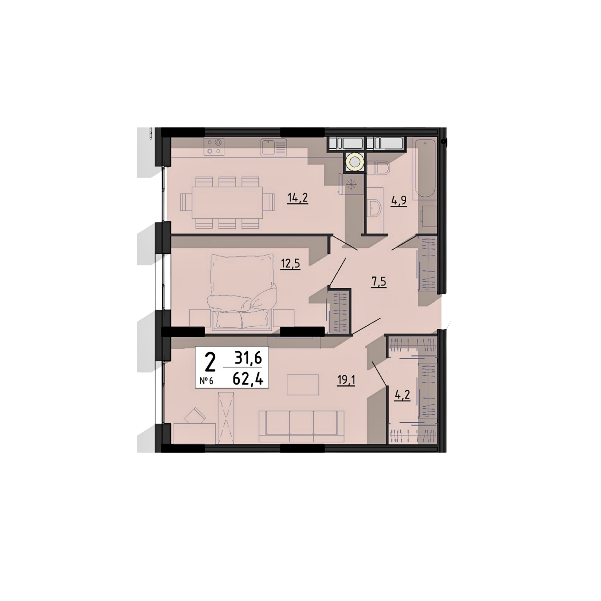 2-кімнатна, планування 3